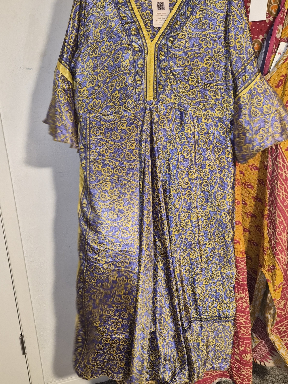 NWT, 100% Crepe Silk Light Blue and Yellow Floral Maxi Dress - Picture 2 of 8